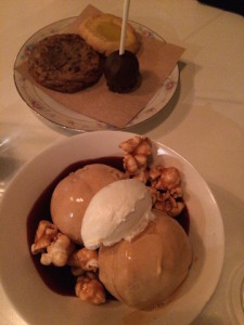 salted caramel ice cream sundae with candied peanuts and popcorn, whipped cream and chocolate sauce. Oh. And her cookies